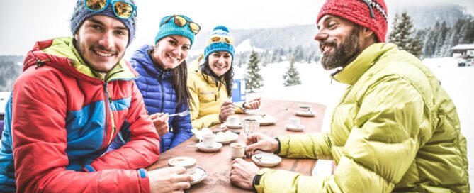 Snowboarders in a restaurant