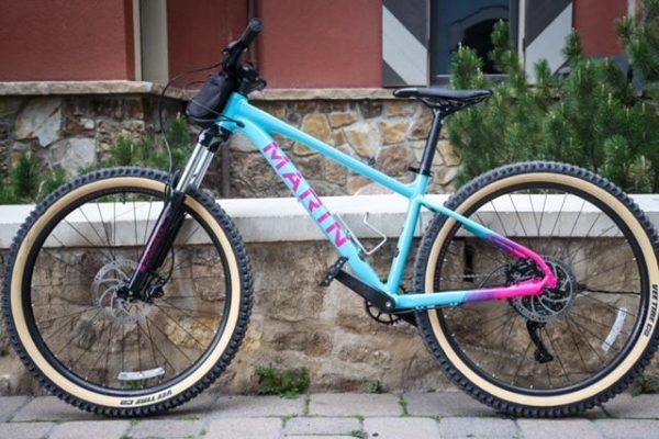 Mountain bike from Marin Bicycles featuring a blue and pink design, displayed against a stone wall and greenery, highlighting rental options for outdoor activities.