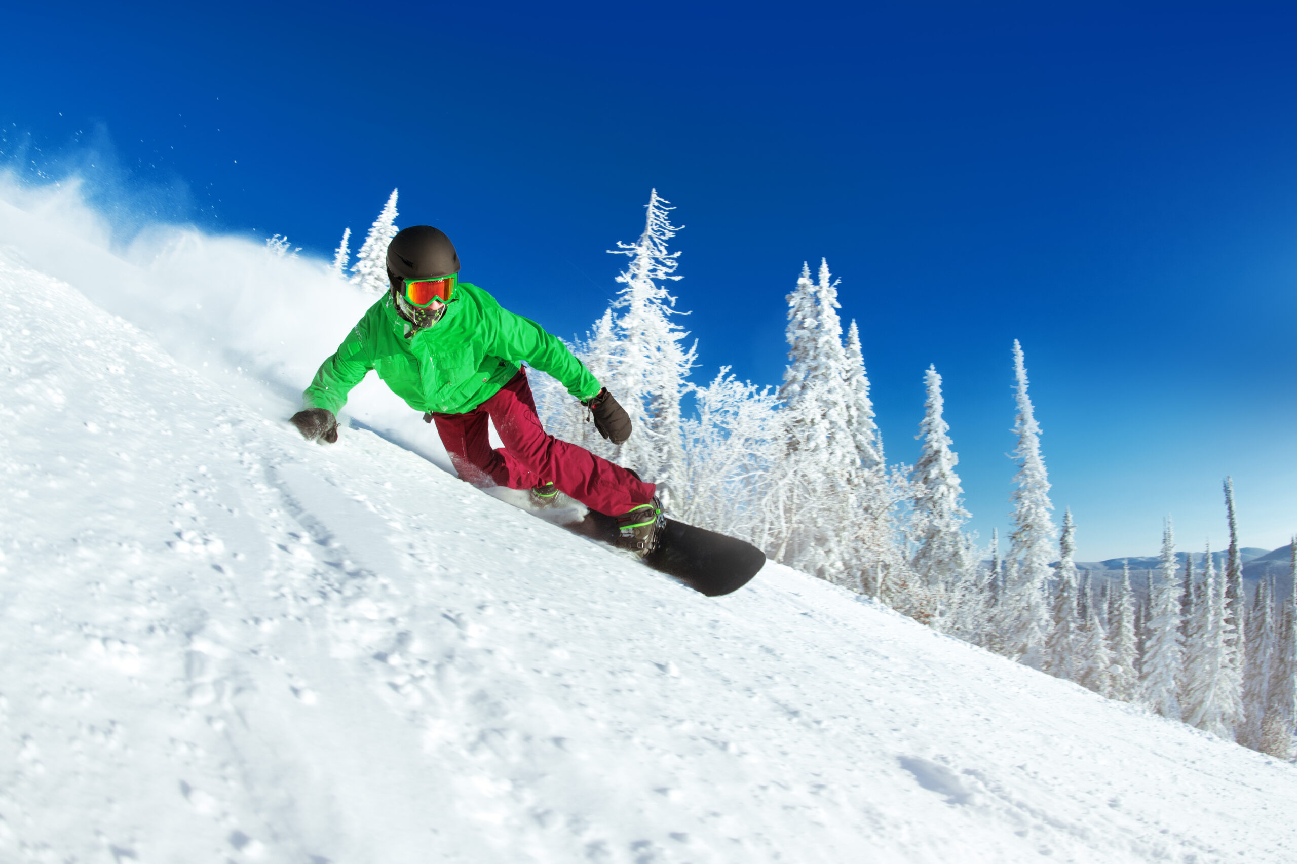 Snowboarder in bright green jacket and helmet carving down a snowy slope, surrounded by frosted trees against a clear blue sky, representing winter sports and ski rentals at Charter Sports.