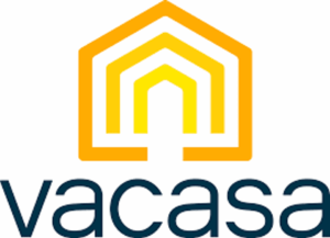 Vacasa logo featuring a stylized house in orange and yellow, representing vacation rental services.