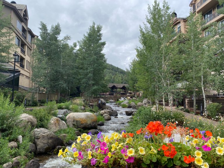 Scenic view of Sheraton Mountain Vista lodge alongside a flowing stream, surrounded by lush greenery and vibrant flowers, highlighting the resort's serene outdoor environment near Beaver Creek, Colorado.