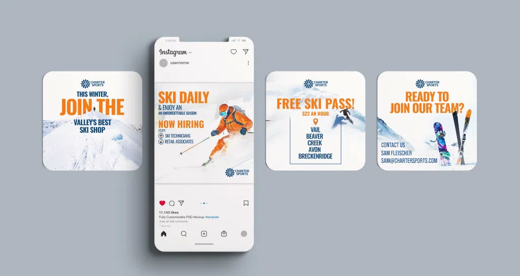 Charter Sports promotional graphic featuring winter skiing, job openings for ski technicians and retail associates, highlighting free ski passes and competitive pay starting at $22 per hour.