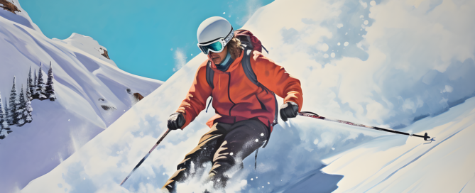 Skiier in bright orange jacket navigating snowy slope, showcasing skiing action and winter sports excitement, relevant to ski rental tips and experiences at Copper Mountain.