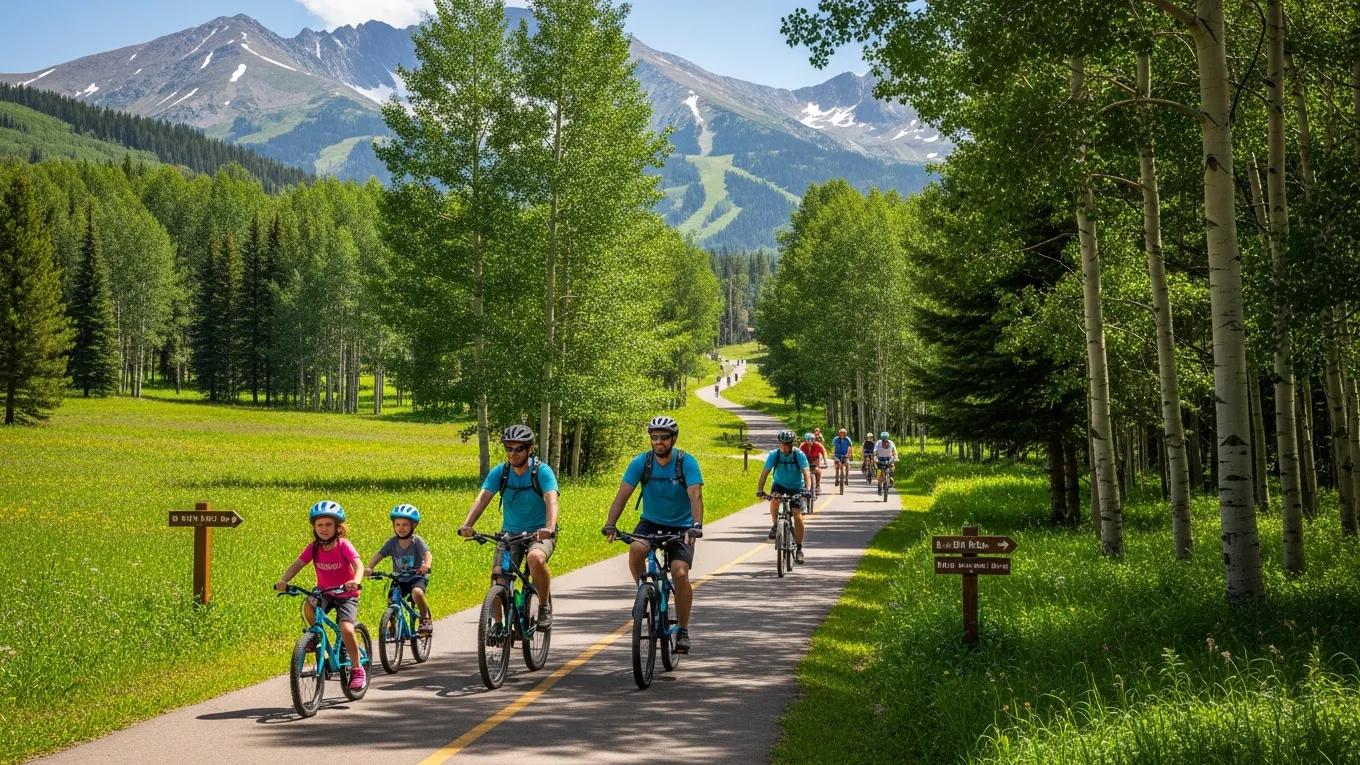 Cyclists riding along the Breckenridge Recreation Path with beautiful mountain scenery