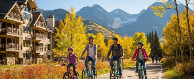 Family biking near Lion Square Lodge North, showcasing the best bike rentals in Lionshead