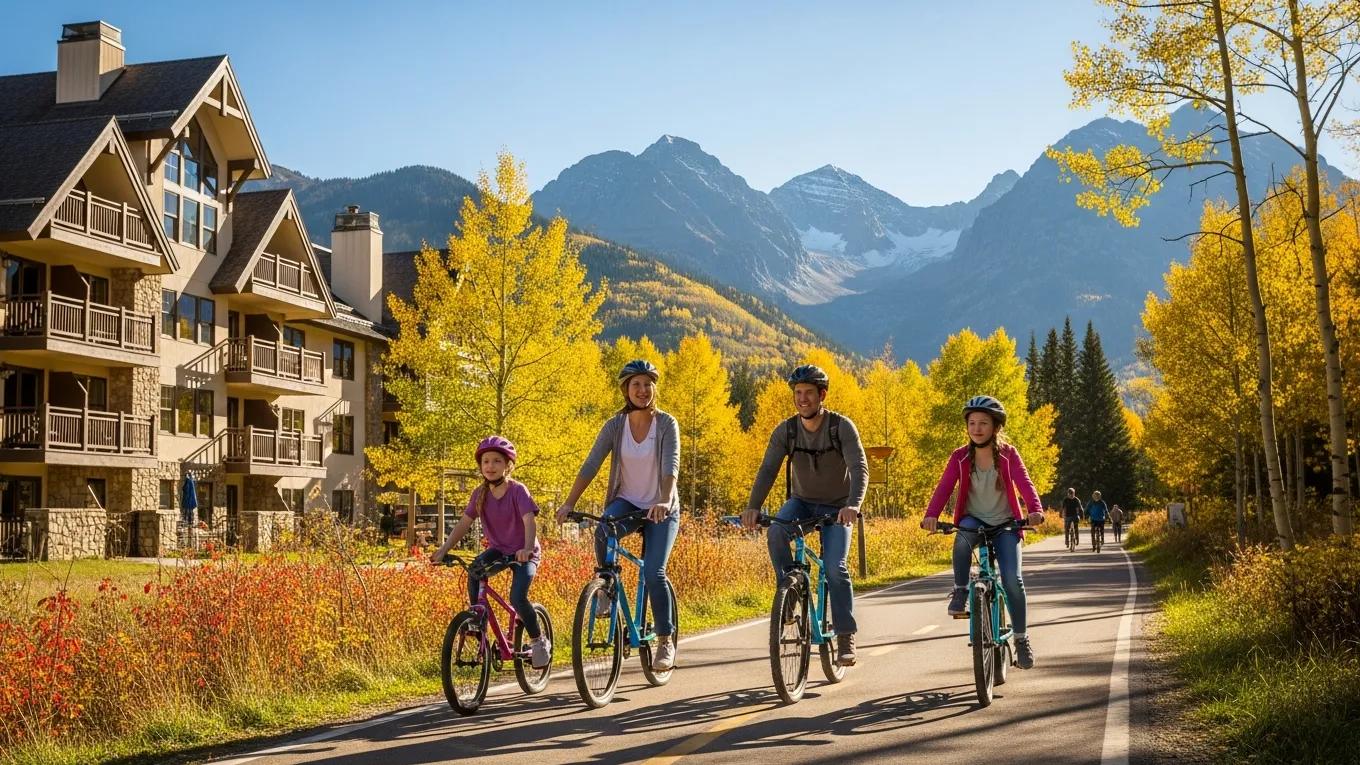 Family biking near Lion Square Lodge North, showcasing the best bike rentals in Lionshead