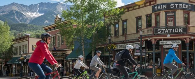Group of cyclists enjoying bike rentals in downtown Breckenridge with scenic mountain views