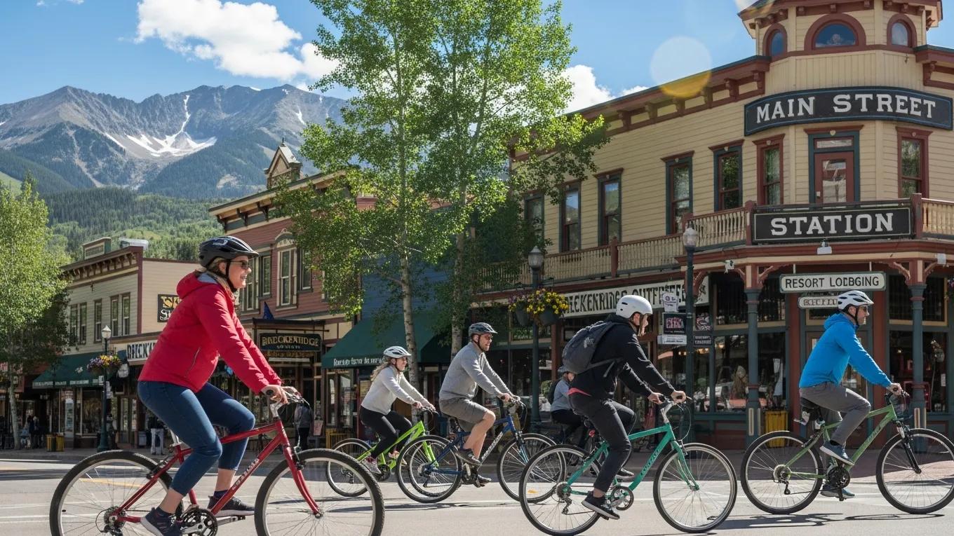 Group of cyclists enjoying bike rentals in downtown Breckenridge with scenic mountain views