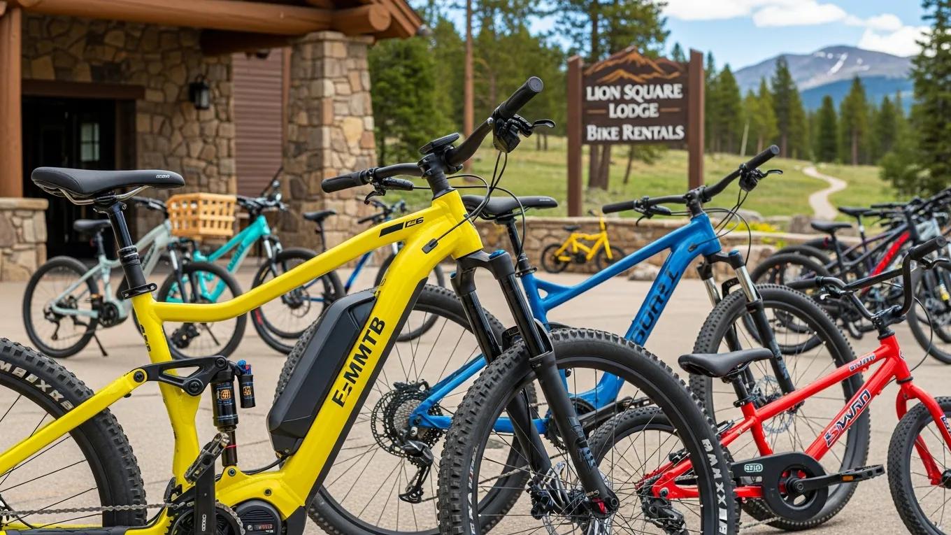 Variety of bike rental options at Lion Square Lodge North, including E-bikes and mountain bikes