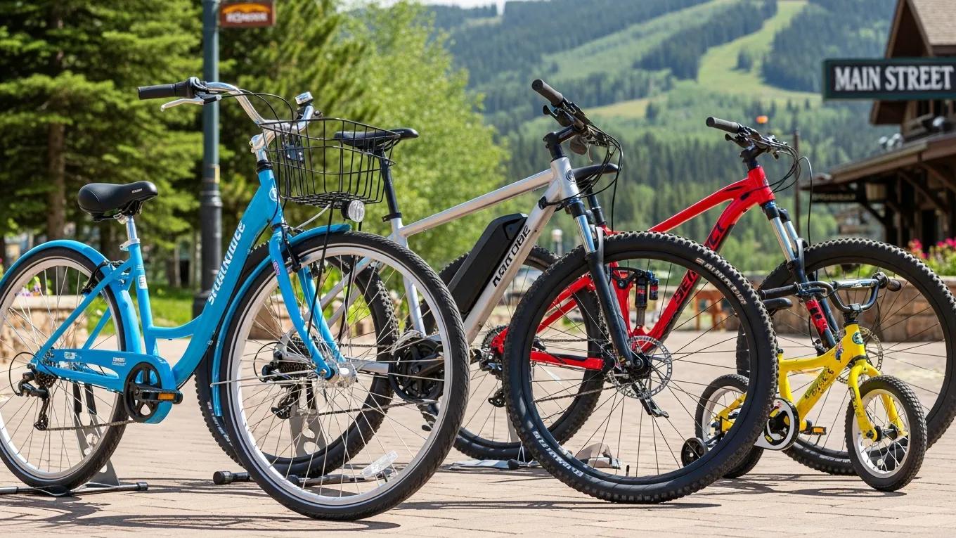 Variety of bike rental options at Main Street Station including comfort bikes, e-bikes, and kids bikes